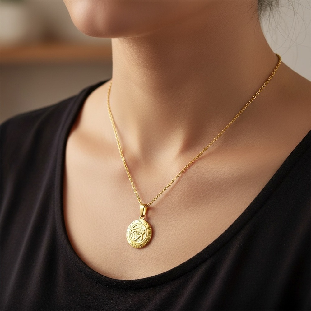 18k Gold Plated Eye Disc Pendant Necklace with Eye of Horus. New. - Picture 6 of 9